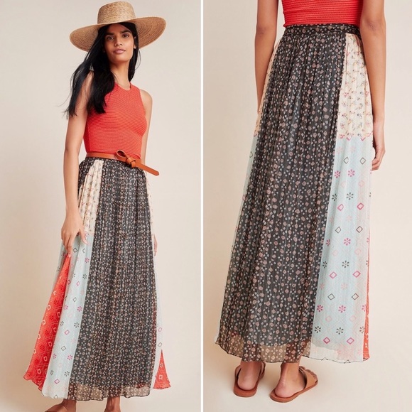 NWT Verb Pallavi Singhee Margot Pleated Maxi Skirt Metallic Mix Print 0 Petite - Picture 2 of 9